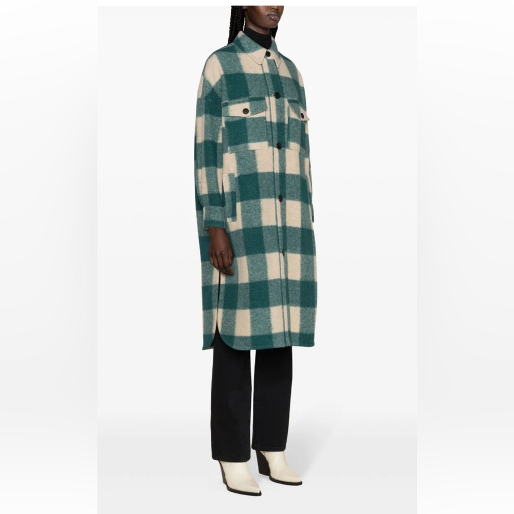Isabel Marant Fontizi Plaid Coat  Shacket Oversized Wool Green White Size 0